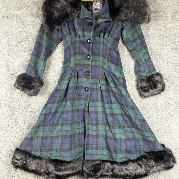 Collectif Jackets & Blazers - Collectif Vintage Pearl Blackwatch Check Coat Faux Fur Trim Plaid Green XXS NEW